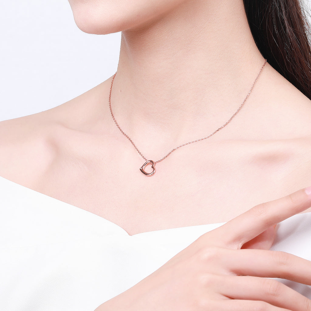 Heart Ripple S925 Rose Gold White Diamond Necklace