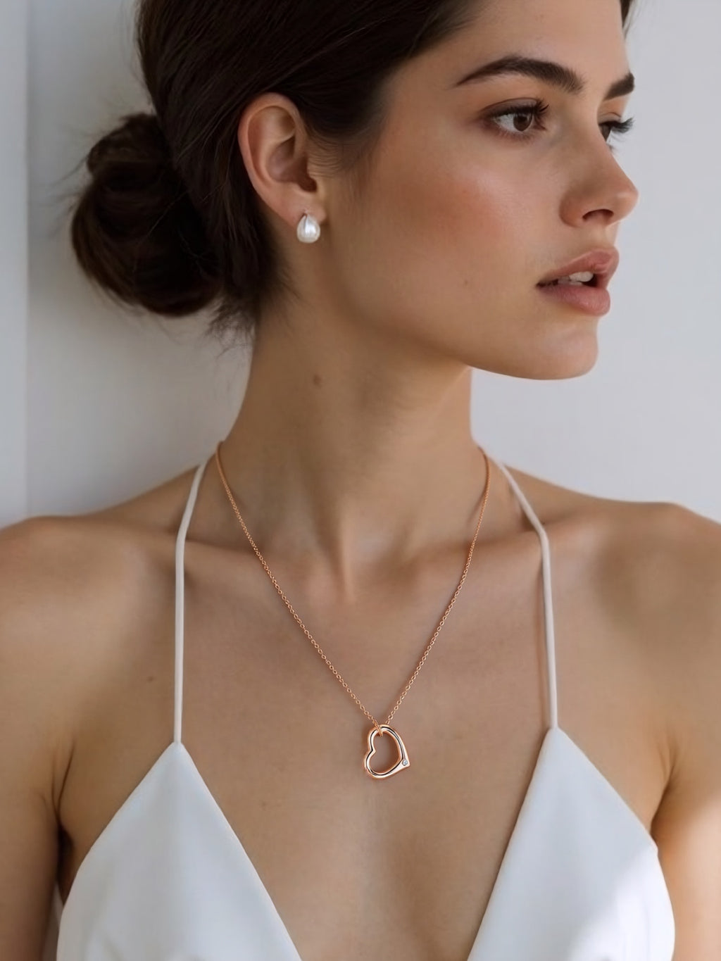 Heart Ripple S925 Rose Gold White Diamond Necklace